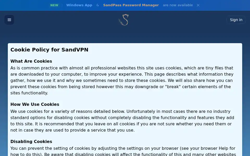 Screenshot of sandvpn.com