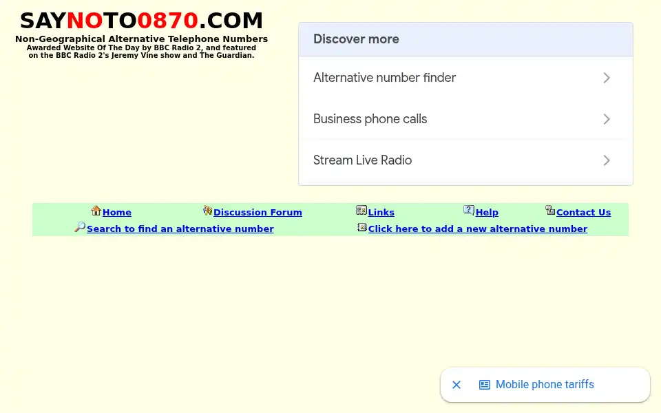 Screenshot of saynoto0870.com