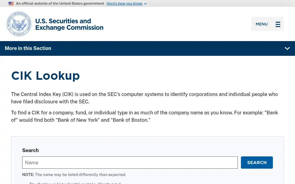 Screenshot of sec.gov