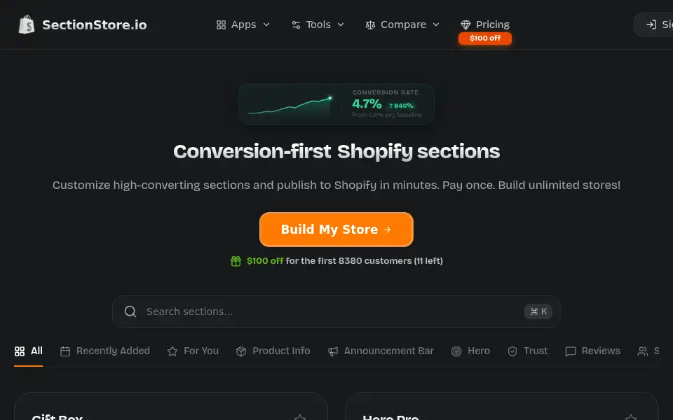 Screenshot of sectionstore.io