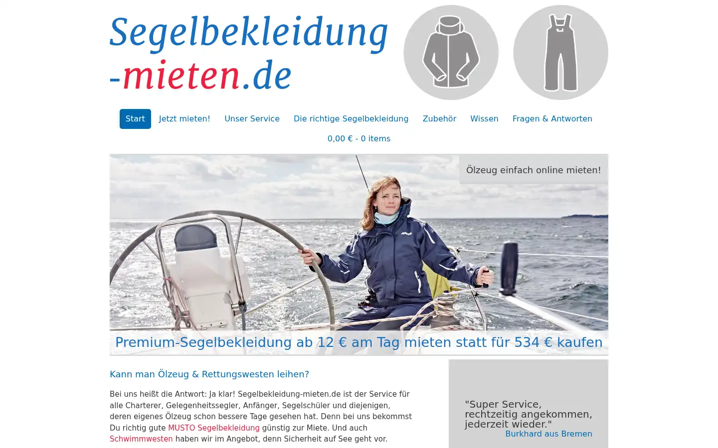 Screenshot of segelbekleidung-mieten.de