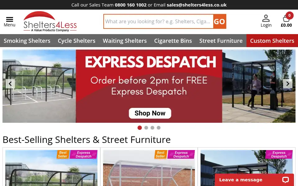 Screenshot of shelters4less.co.uk