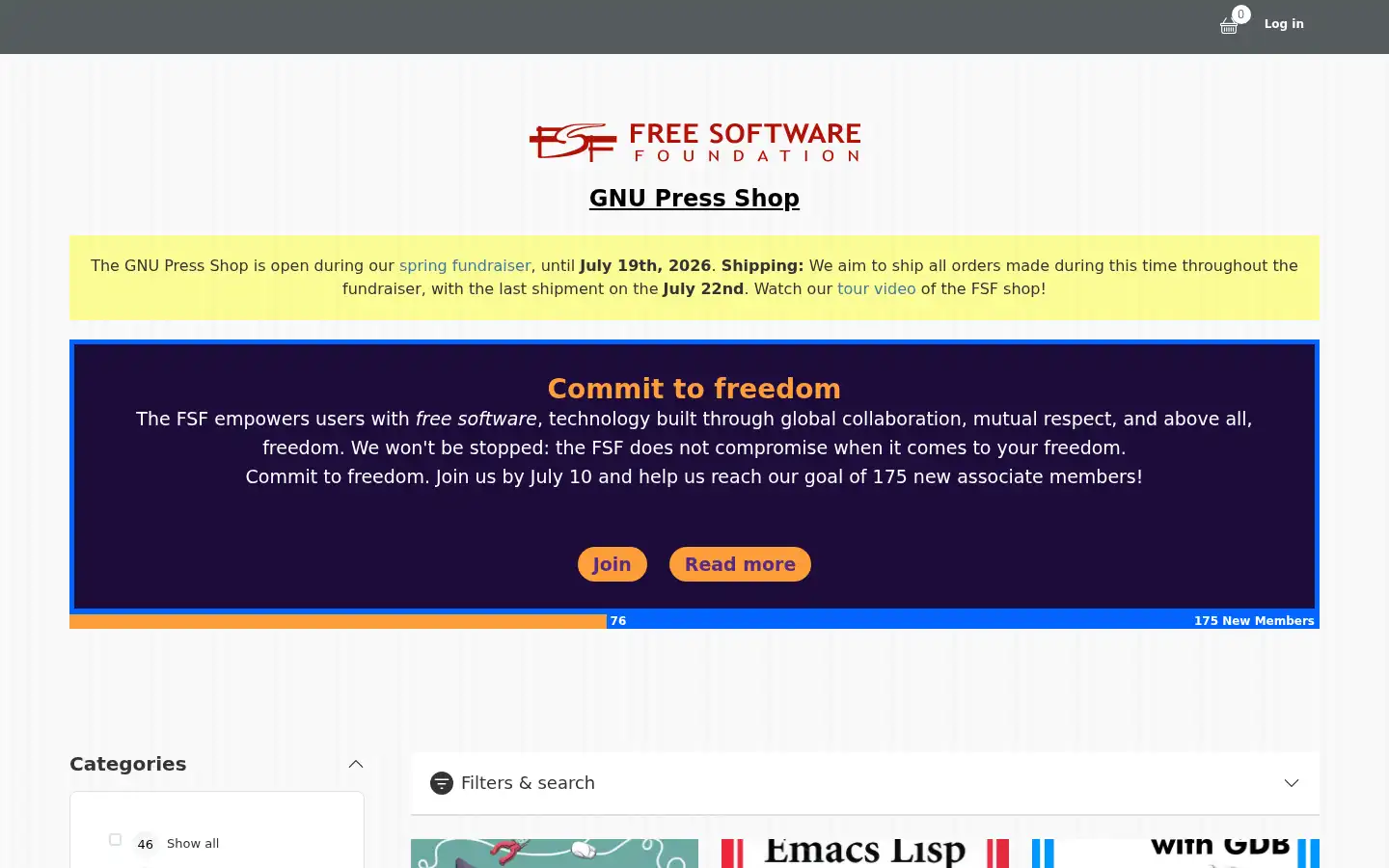 Screenshot of shop.fsf.org