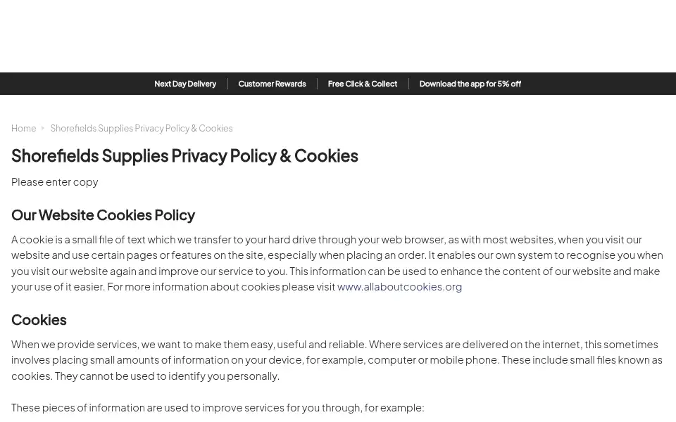 Screenshot of shorefieldssupplies.co.uk