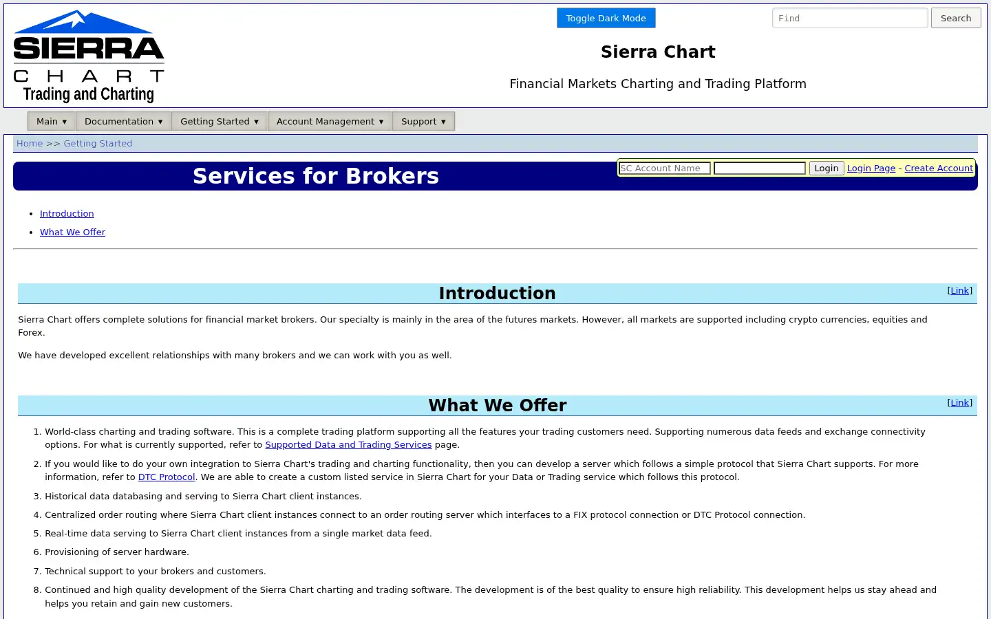 Screenshot of sierrachart.com