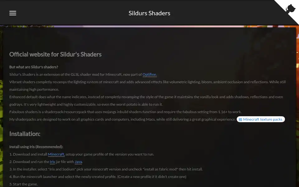 Screenshot of sildurs-shaders.github.io