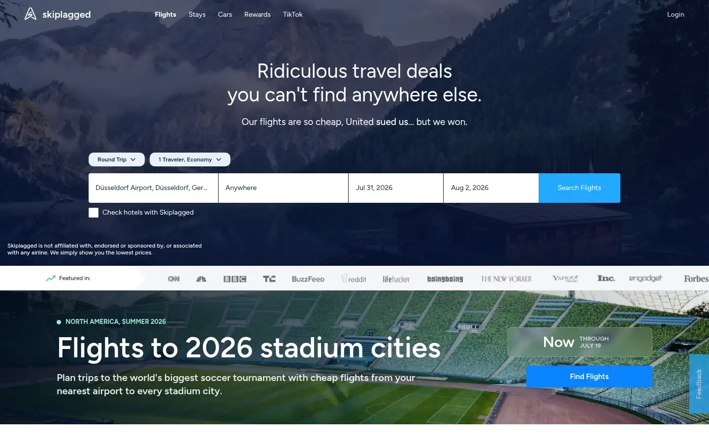 Screenshot of skiplagged.com