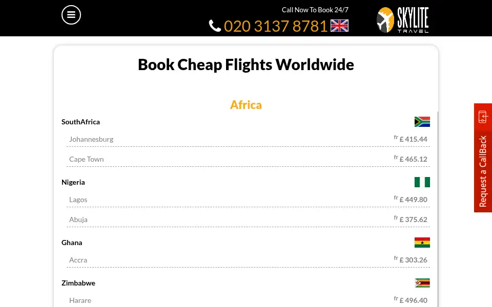 Screenshot of skylitetravel.com