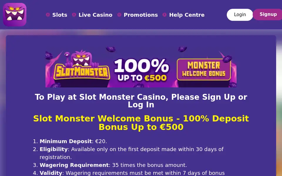 Screenshot of slotmonstercasino.co.uk