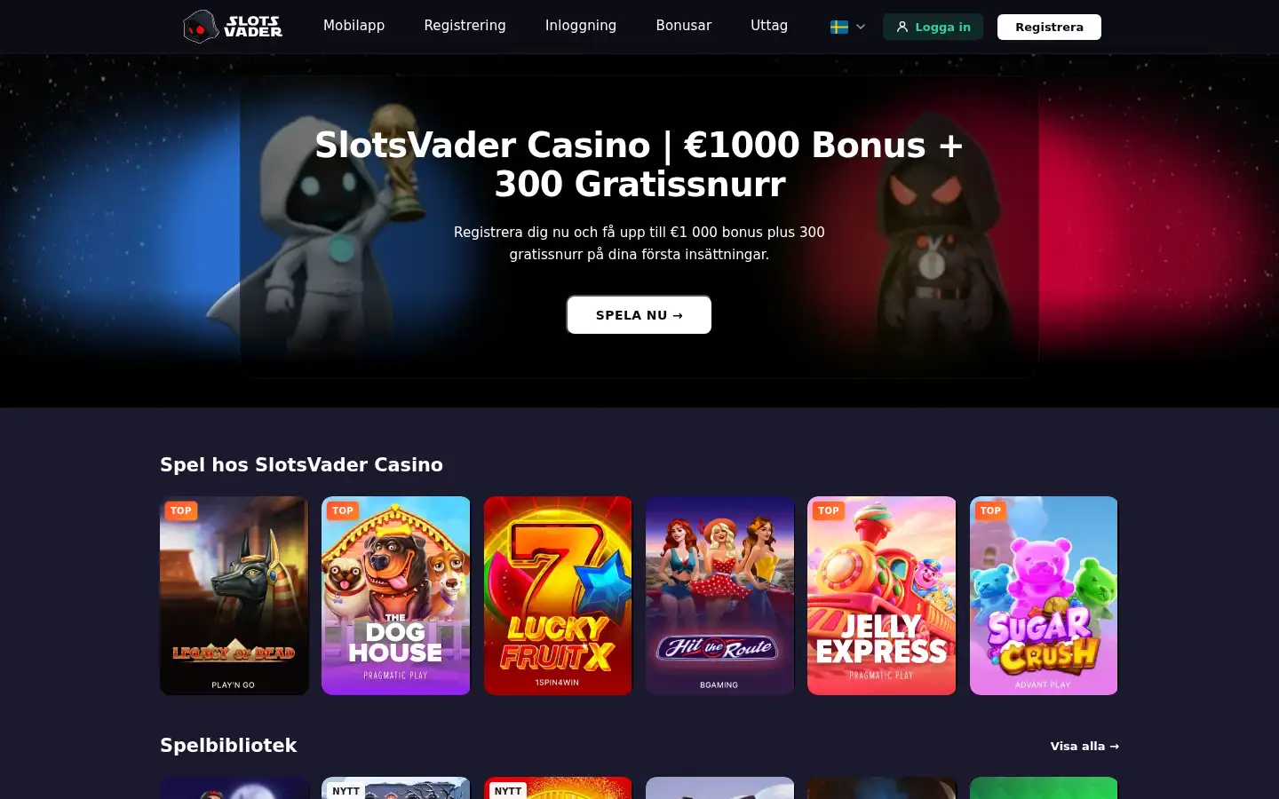 Screenshot of slotsvadercasino.com.se