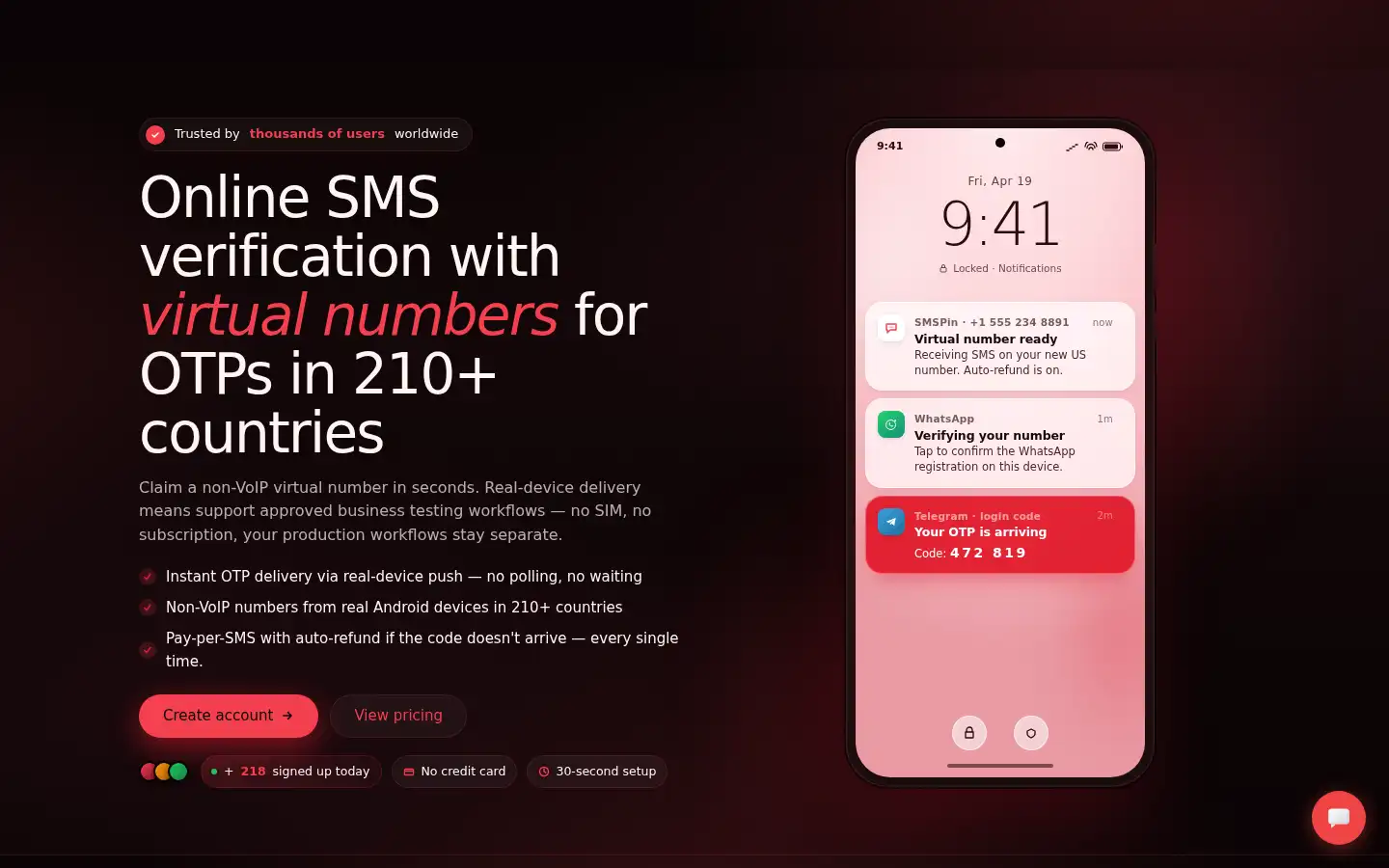 Screenshot of smspin.io