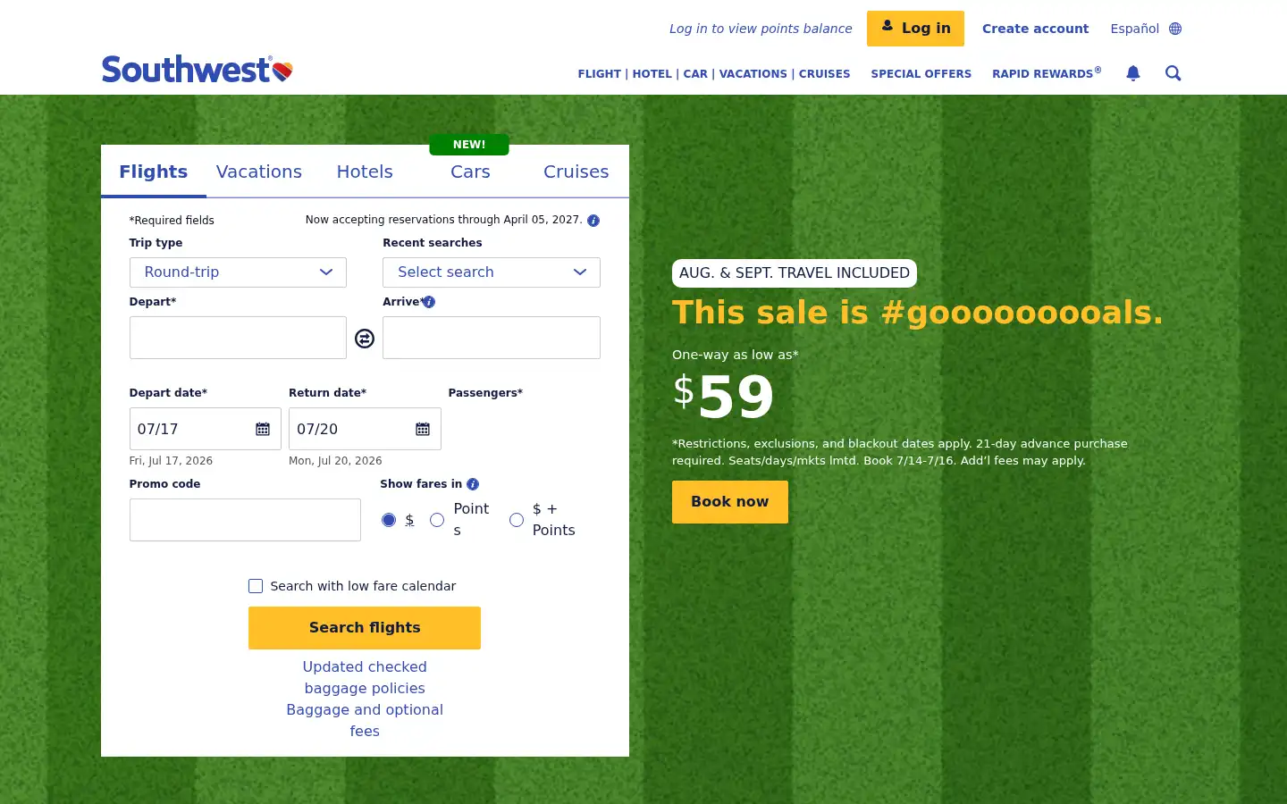 Screenshot of southwest.com