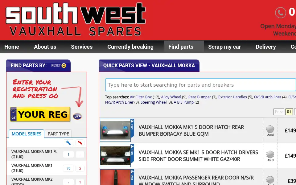 Screenshot of southwestvauxhallspares.co.uk