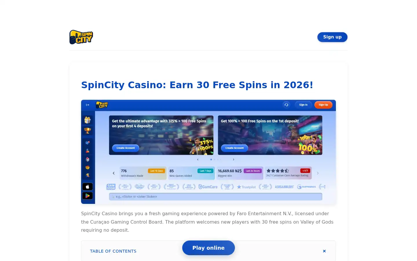 Screenshot of spincitycasino.co.nz