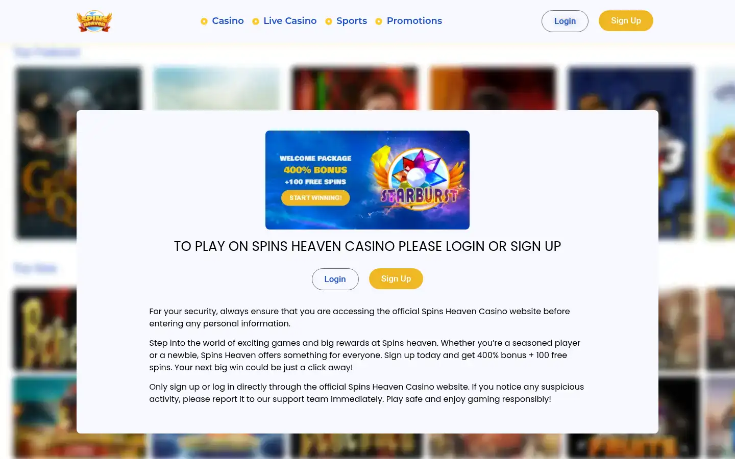 Screenshot of spinsheavencasino.co.uk