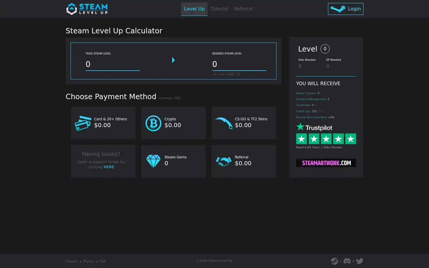 Screenshot of steamlevelup.com