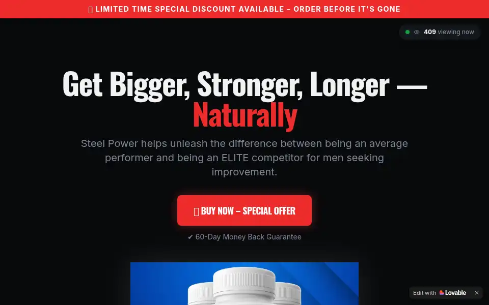 Screenshot of steel-power-pills.lovable.app