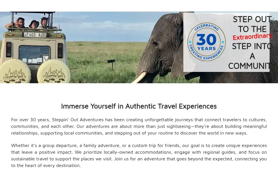 Screenshot of steppinoutadventures.com