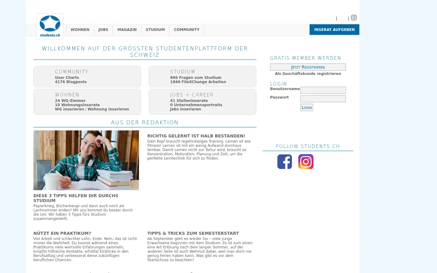 Screenshot of students.ch