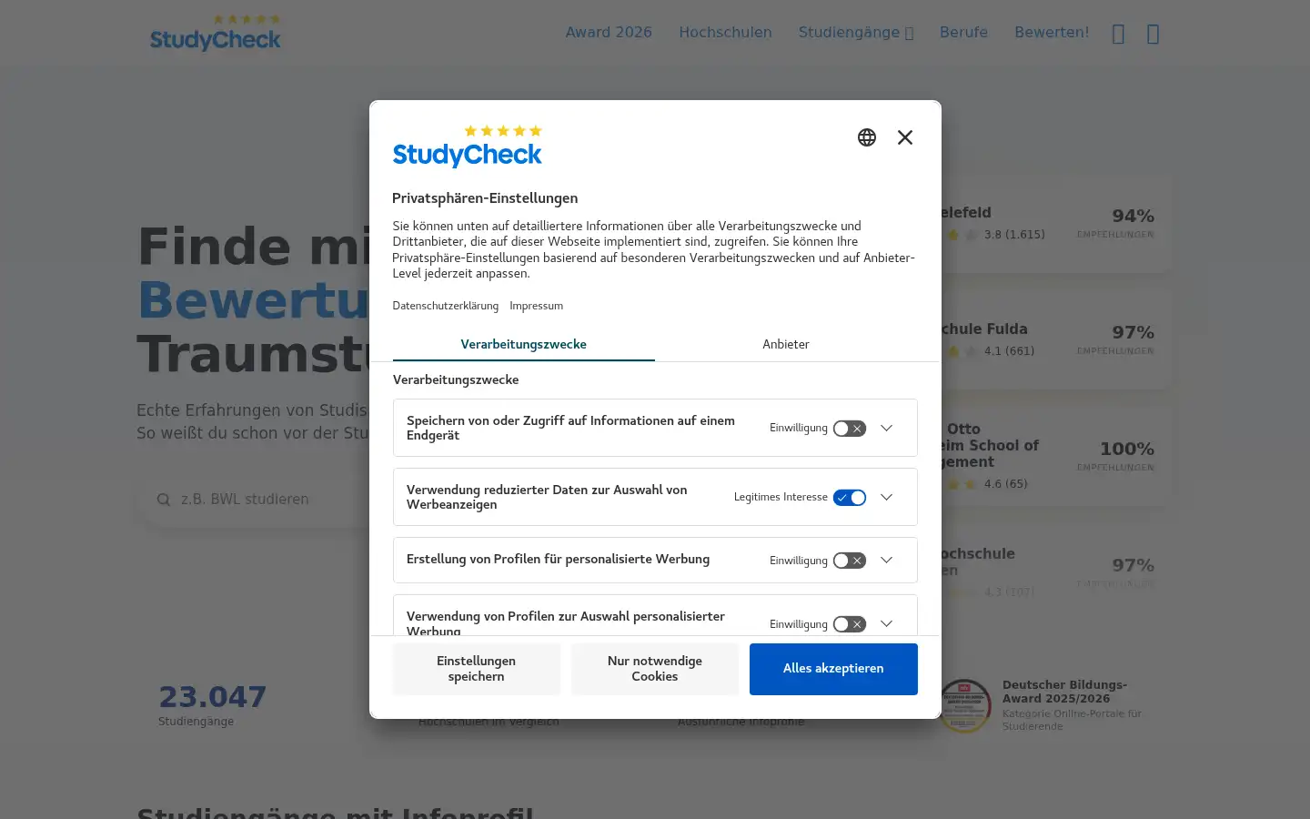 Screenshot of studycheck.de