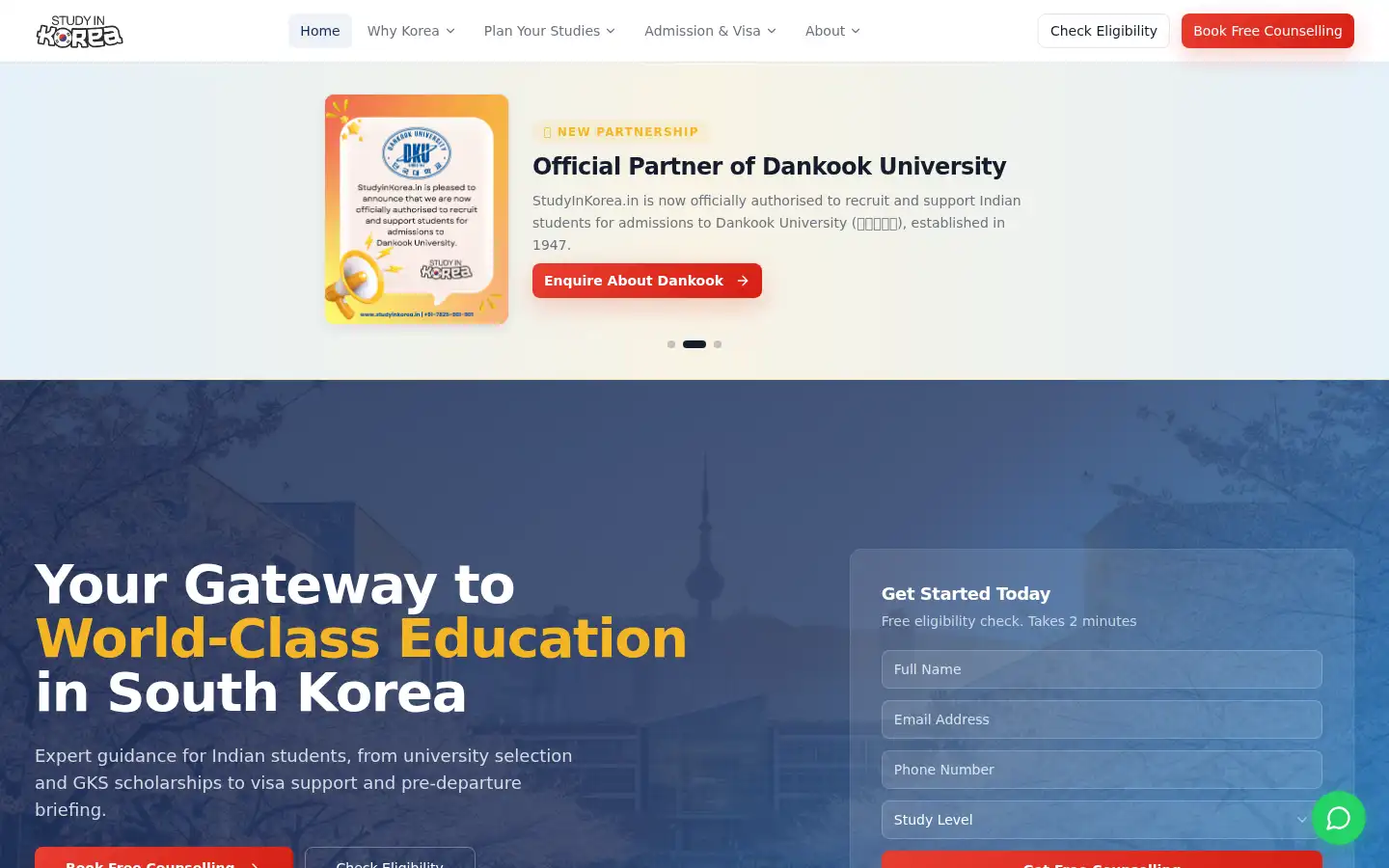 Screenshot of studyinkorea.in