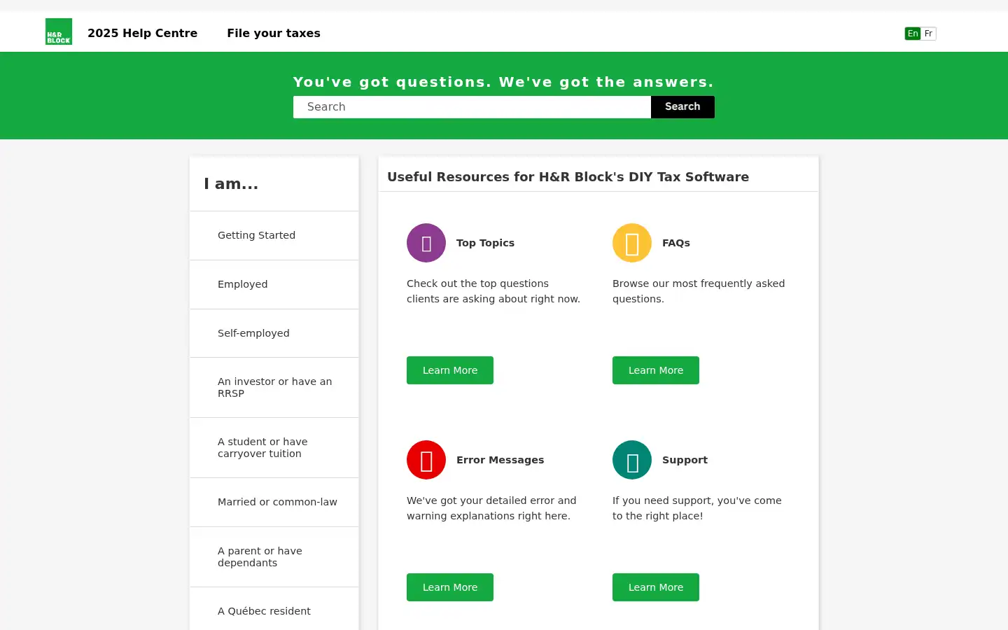 Screenshot of support.hrblock.ca