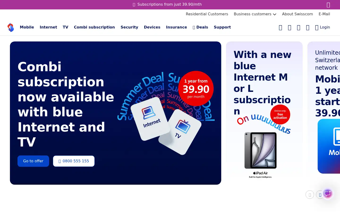 Screenshot of swisscom.ch