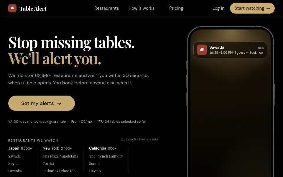 Screenshot of tablealert.app