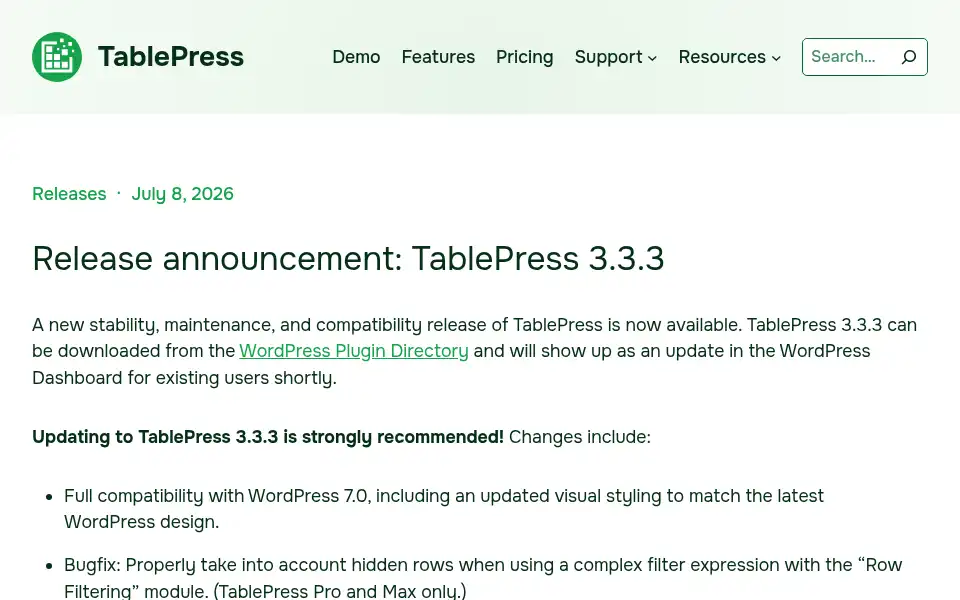Screenshot of tablepress.org