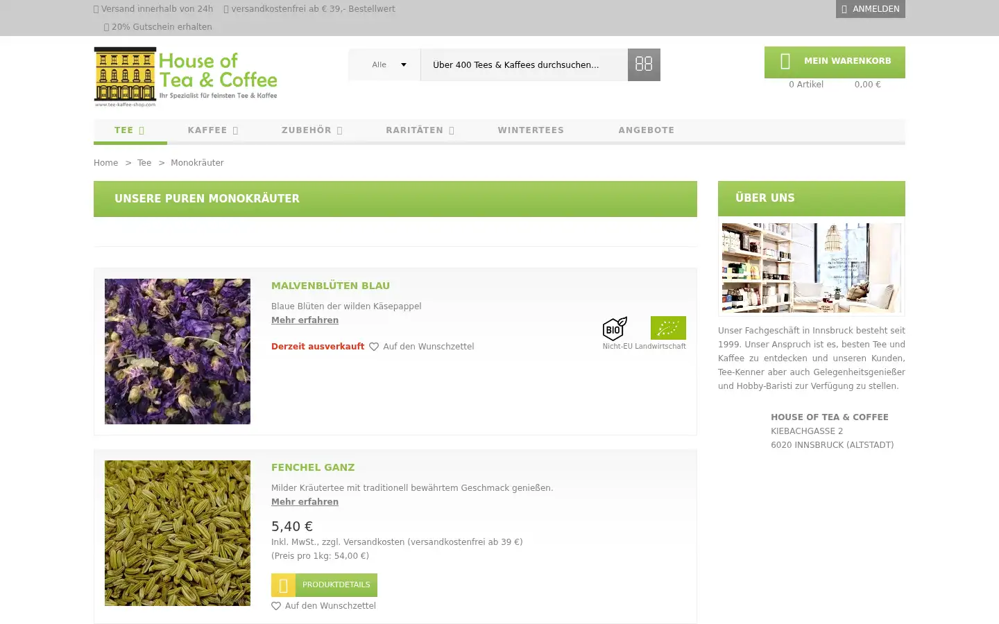 Screenshot of tee-kaffee-shop.com