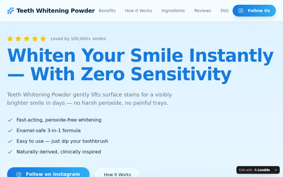 Screenshot of teethwhiteningpowder.lovable.app