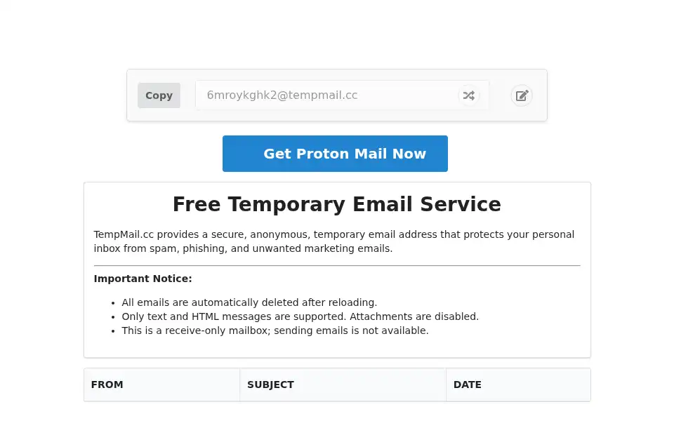 Screenshot of tempmail.cc
