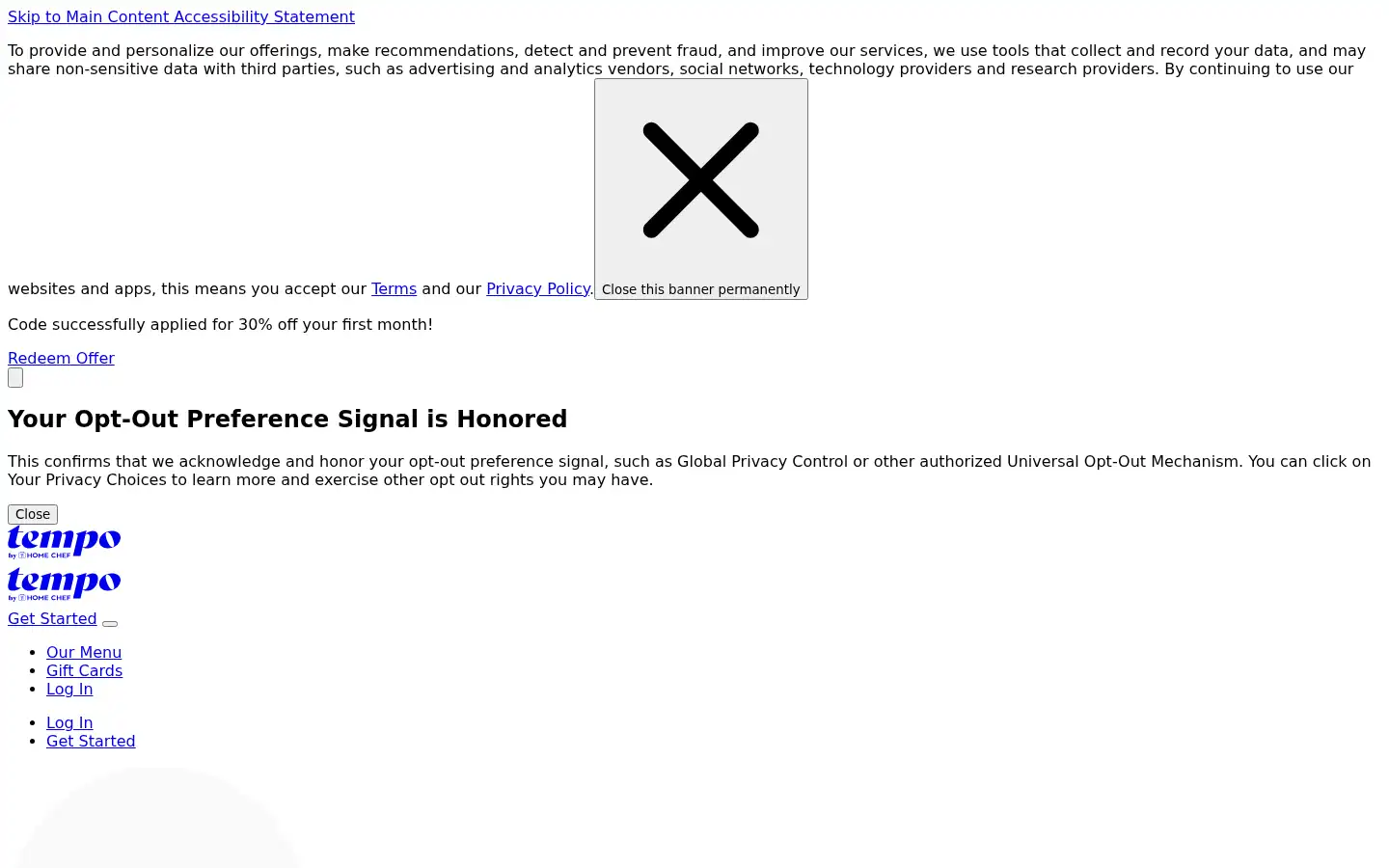 Screenshot of tempomeals.com
