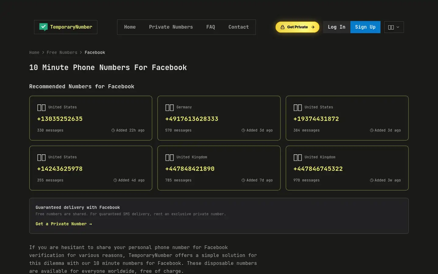 Screenshot of temporarynumber.com