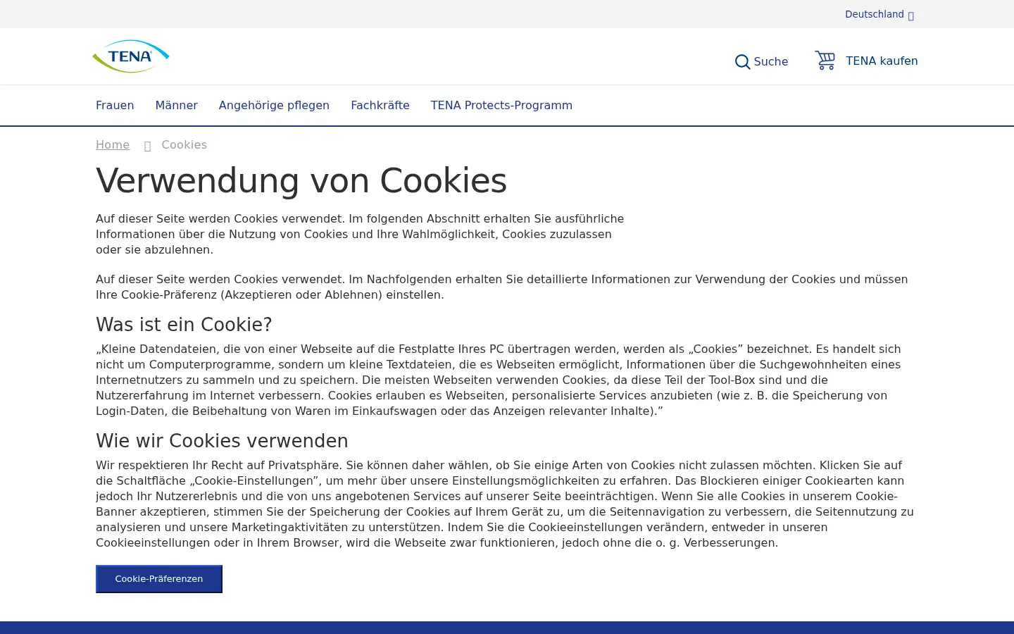 Screenshot of tena.de