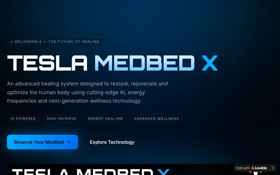 Screenshot of tesla-medbed-x-hub.lovable.app