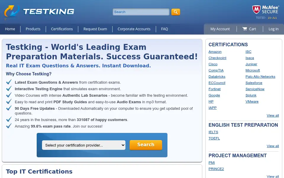 Screenshot of testking.com