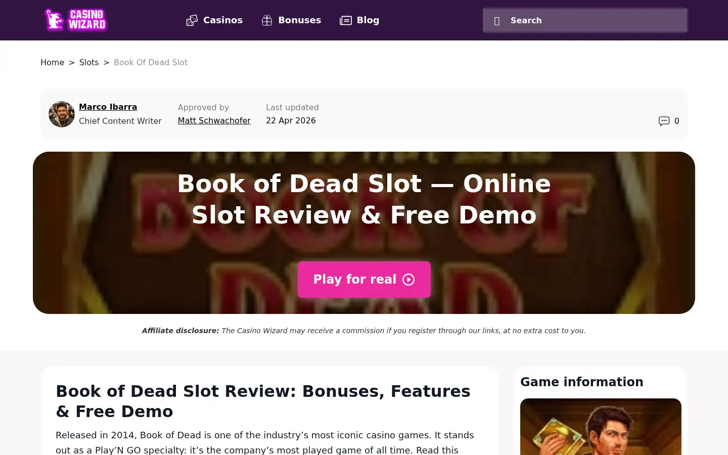 Screenshot of thecasinowizard.com