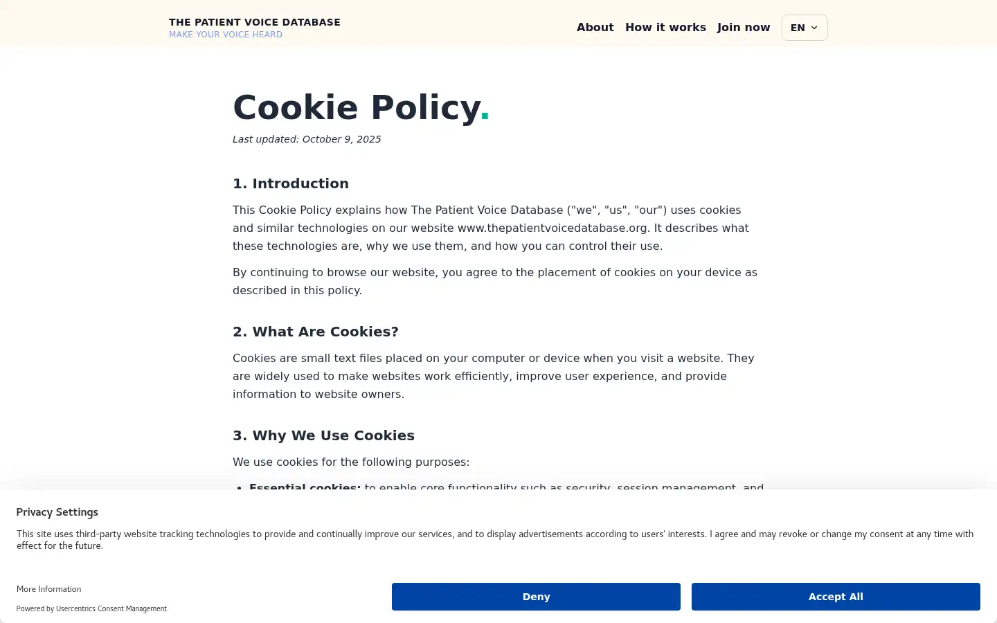 Screenshot of thepatientvoicedatabase.org