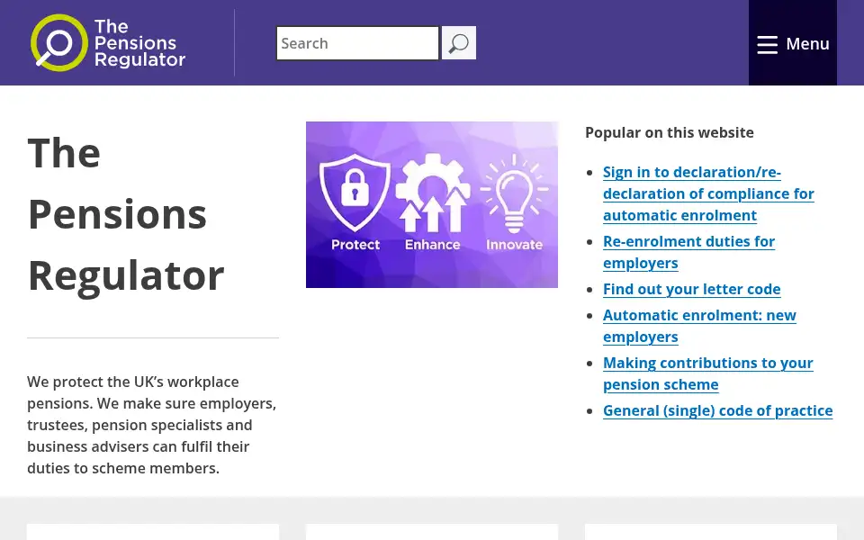 Screenshot of thepensionsregulator.gov.uk