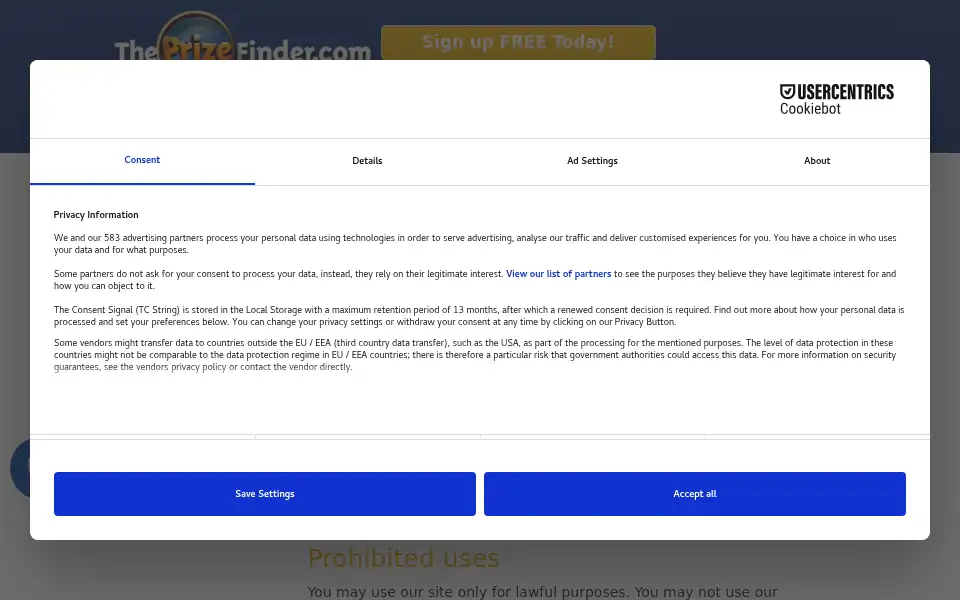 Screenshot of theprizefinder.com