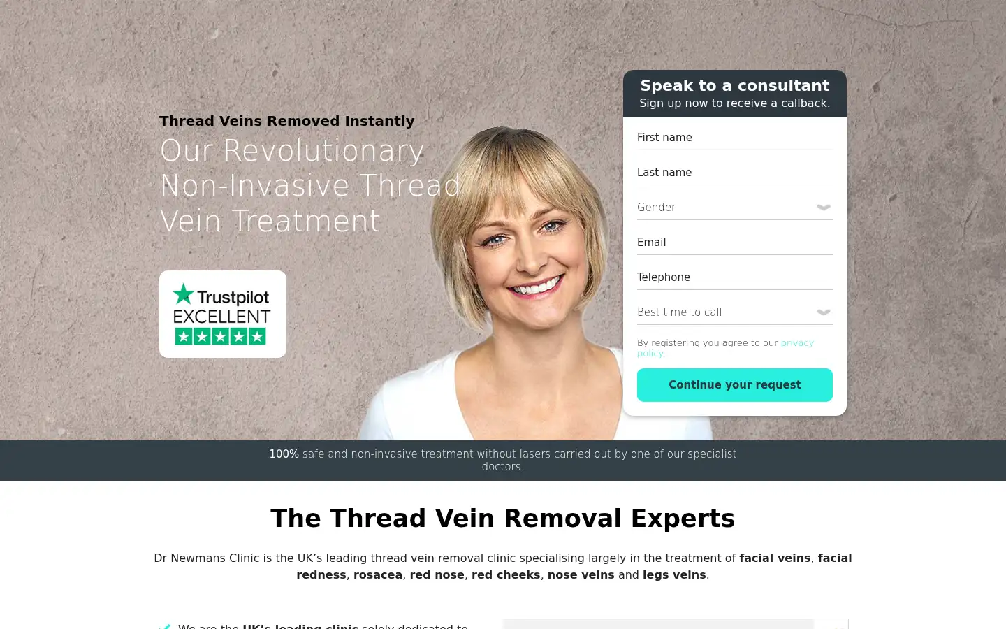 Screenshot of threadveins.drnewmansclinic.co.uk