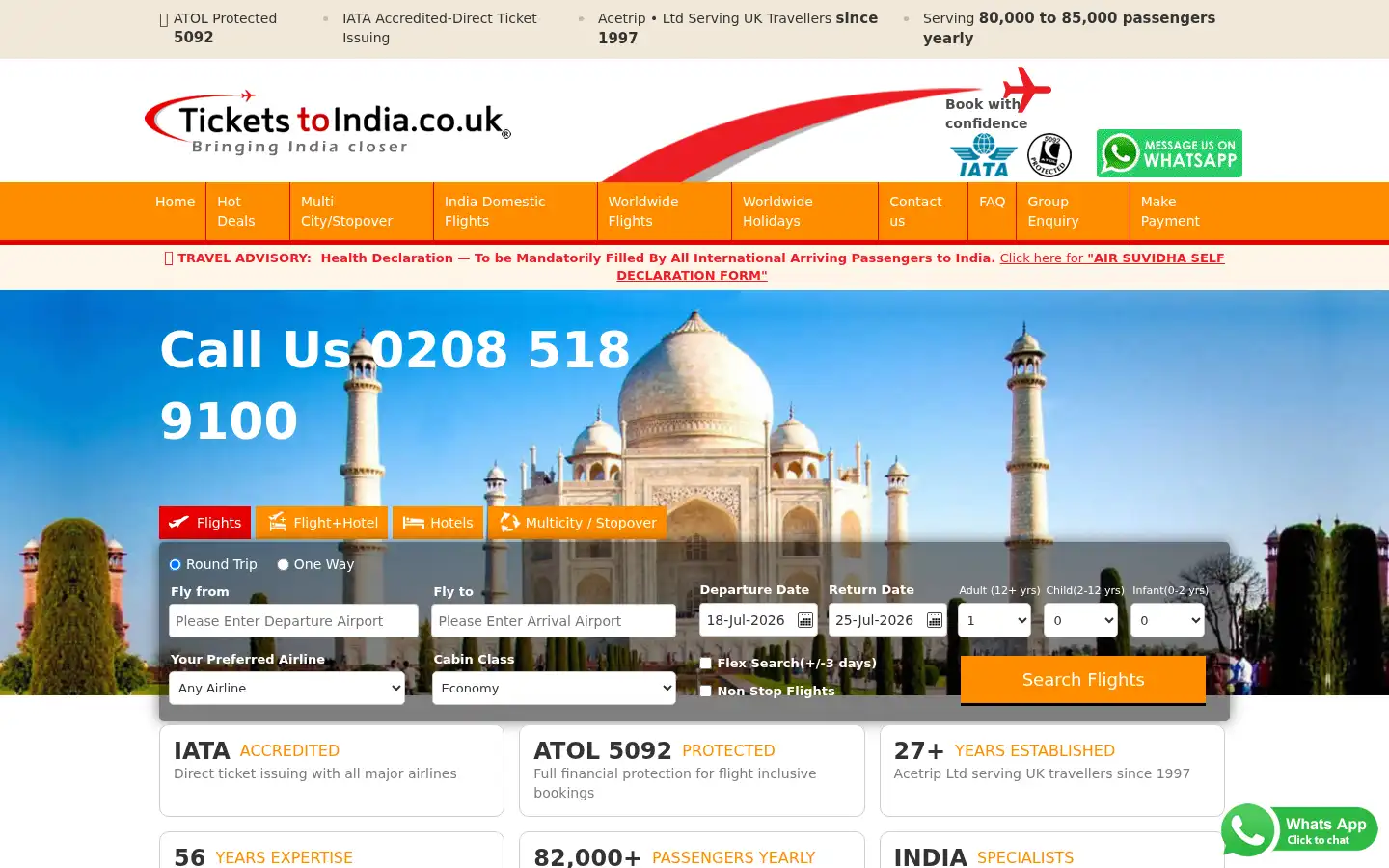 Screenshot of ticketstoindia.co.uk