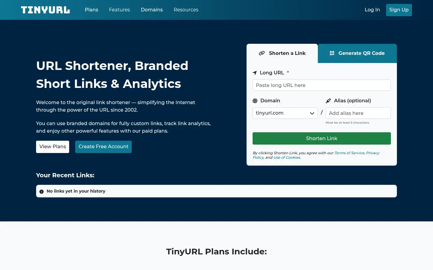 Screenshot of tinyurl.com
