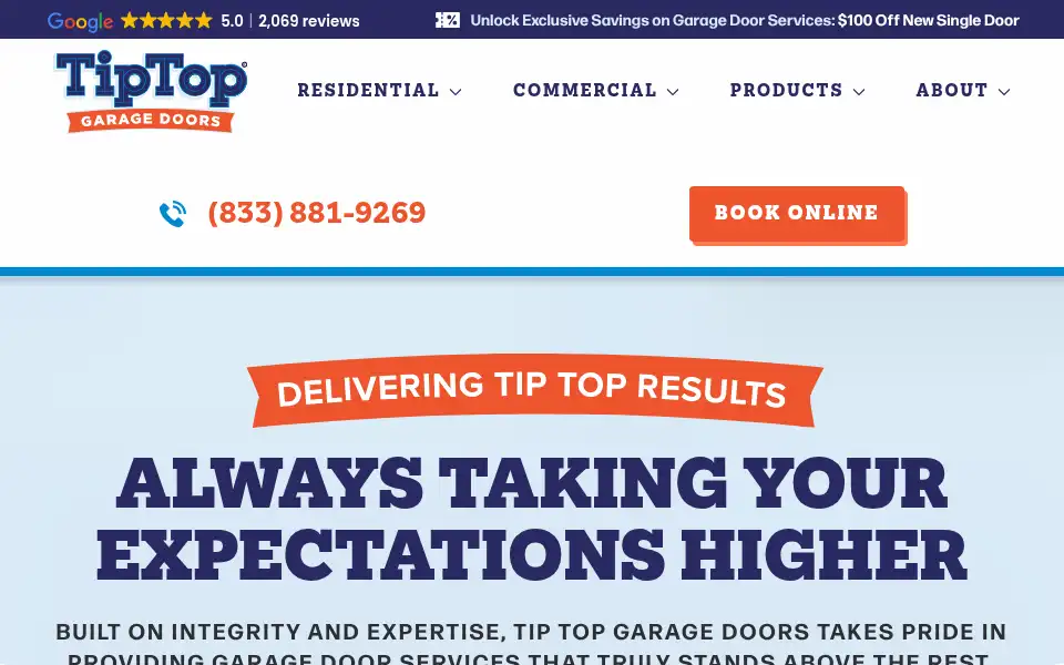 Screenshot of tiptopgaragedoors.com