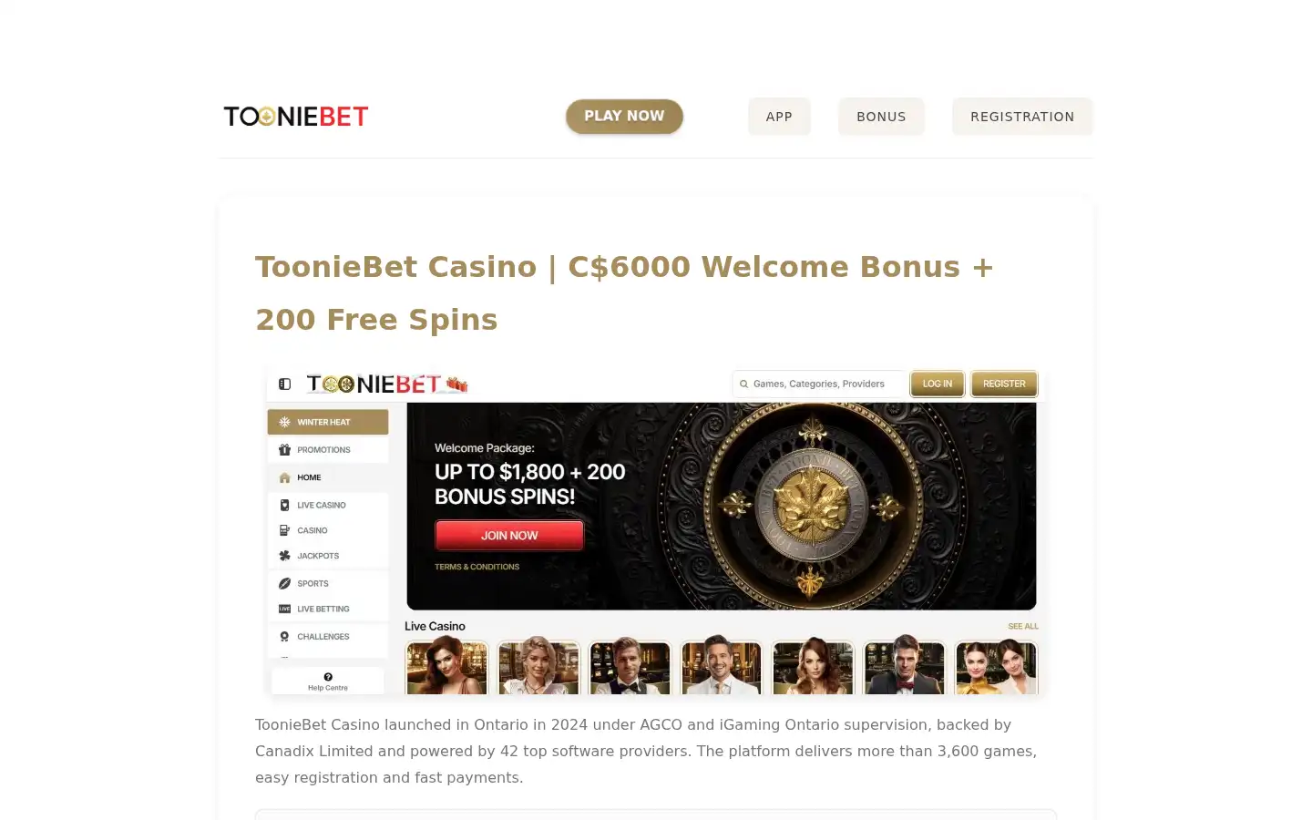 Screenshot of tooniecasino.ca
