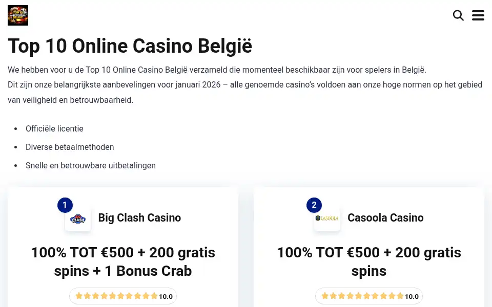 Screenshot of top10onlinecasinobelgie.com