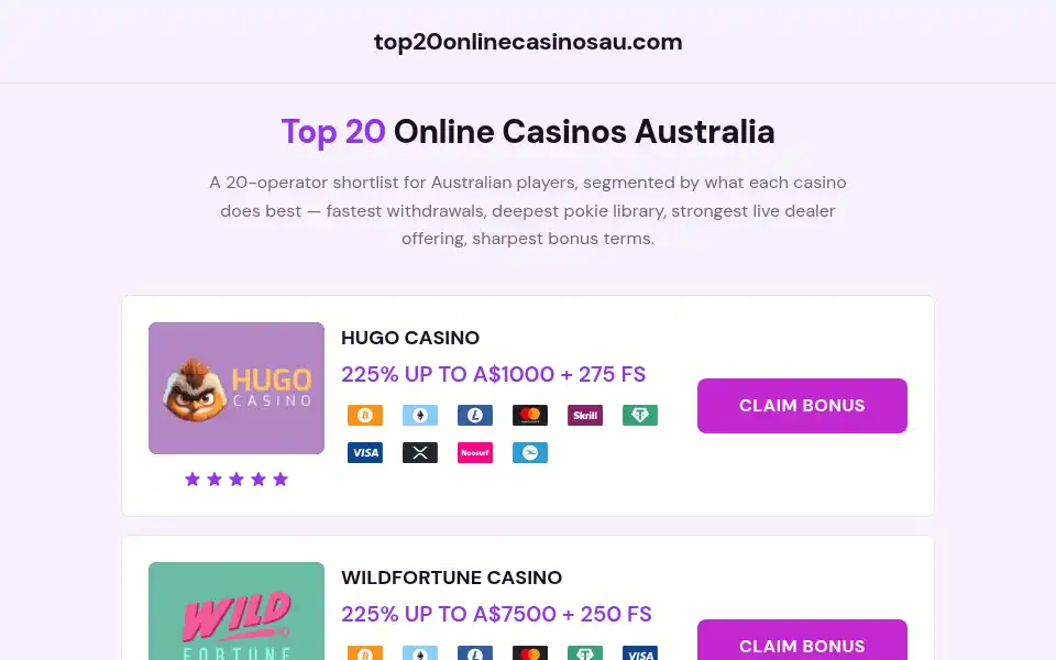 Screenshot of top20onlinecasinosau.com
