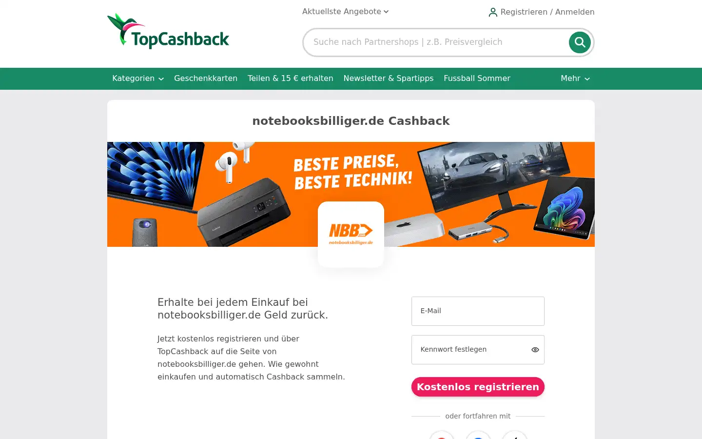 Screenshot of topcashback.de