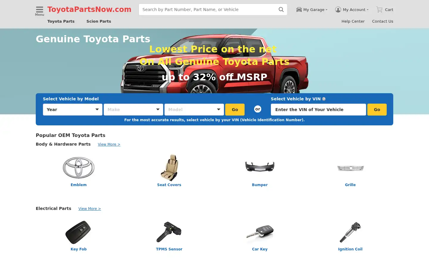 Screenshot of toyotapartsnow.com